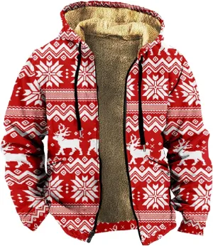 Christmas Hoodies for Men Heavyweight Sherpa Fleece Lined Reindeer Sweatshirts Oversized Full Zip Thick Winter Coats