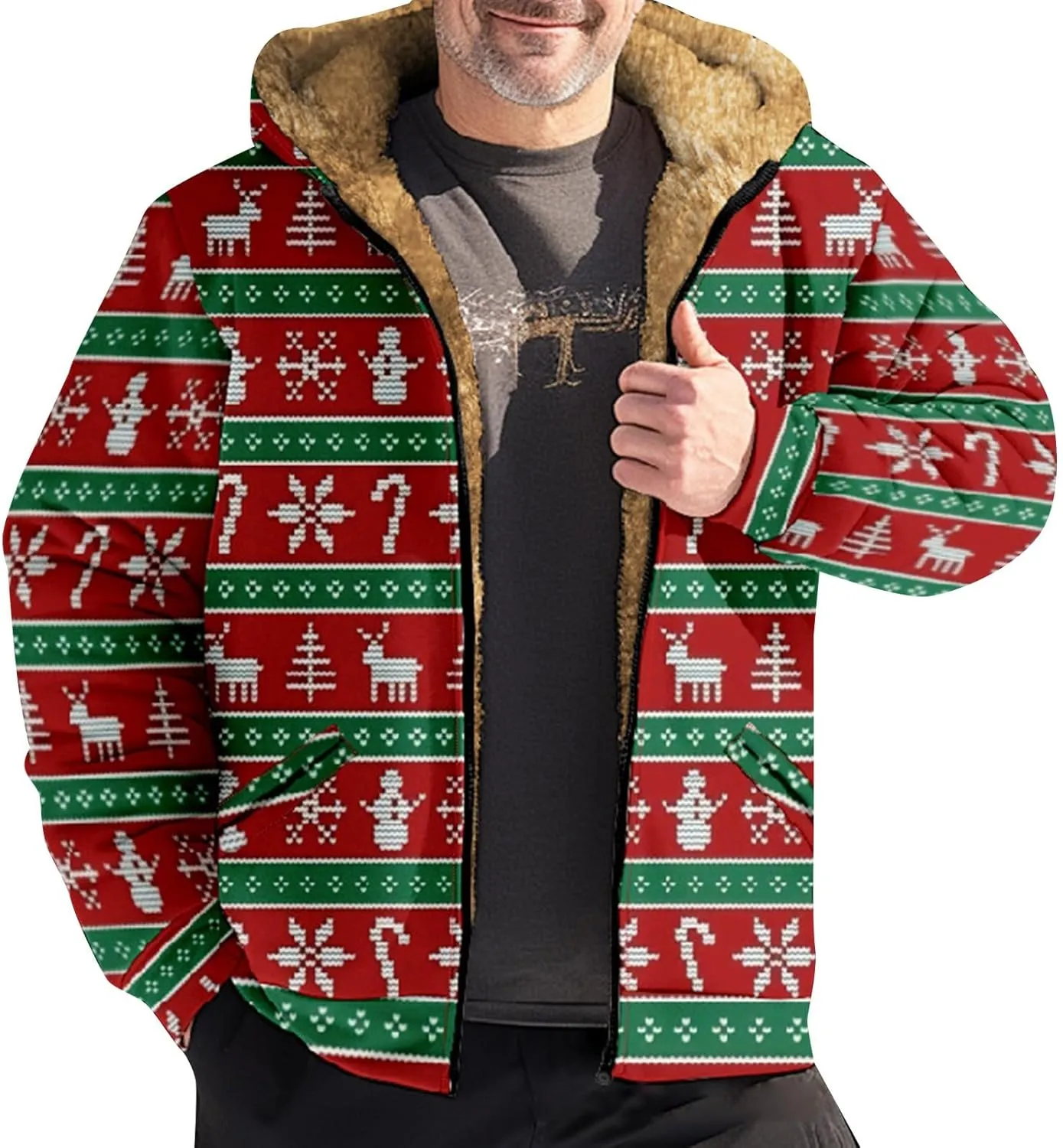 Christmas Hoodies for Men Heavyweight Sherpa Fleece Lined Reindeer Sweatshirts Oversized Full Zip Thick Winter Coats