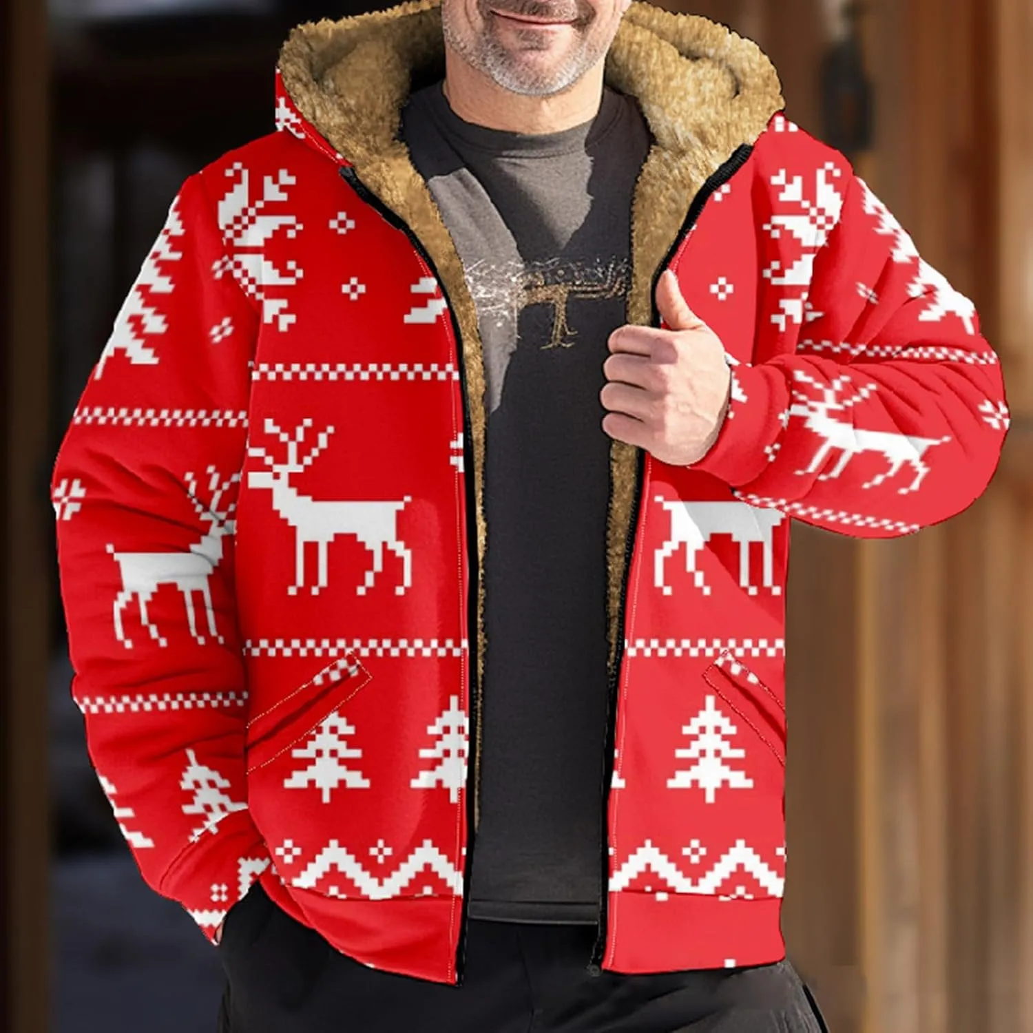 Christmas Hoodies for Men Heavyweight Sherpa Fleece Lined Reindeer Sweatshirts Oversized Full Zip Thick Winter Coats