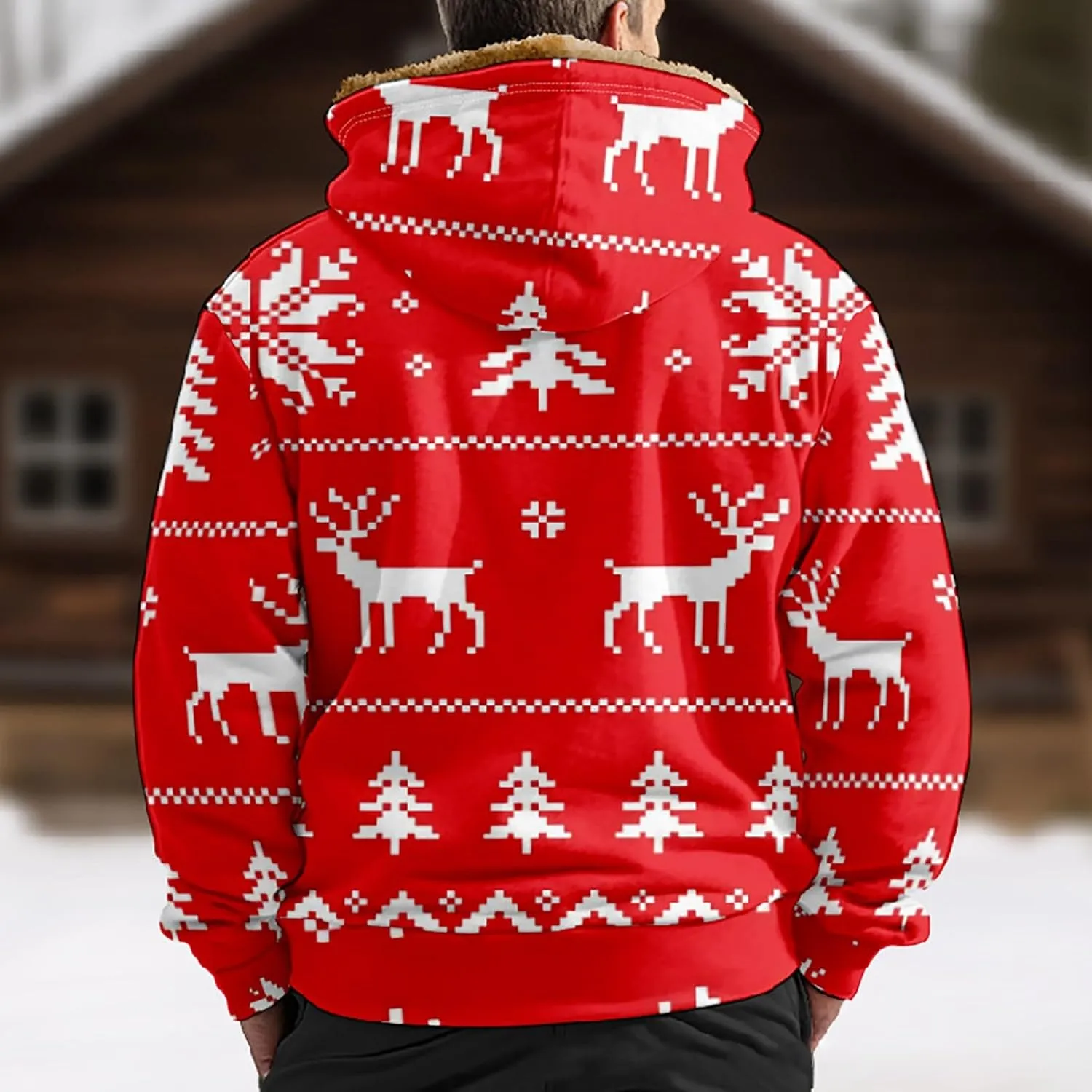 Christmas Hoodies for Men Heavyweight Sherpa Fleece Lined Reindeer Sweatshirts Oversized Full Zip Thick Winter Coats