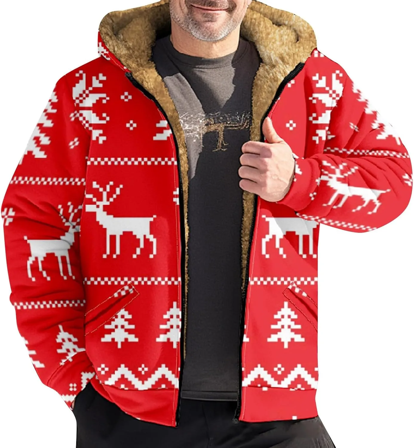 Christmas Hoodies for Men Heavyweight Sherpa Fleece Lined Reindeer Sweatshirts Oversized Full Zip Thick Winter Coats