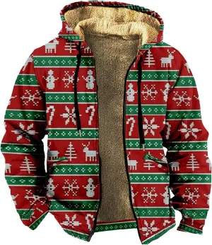 Christmas Hoodies for Men Heavyweight Sherpa Fleece Lined Reindeer Sweatshirts Oversized Full Zip Thick Winter Coats