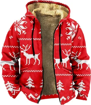 Christmas Hoodies for Men Heavyweight Sherpa Fleece Lined Reindeer Sweatshirts Oversized Full Zip Thick Winter Coats