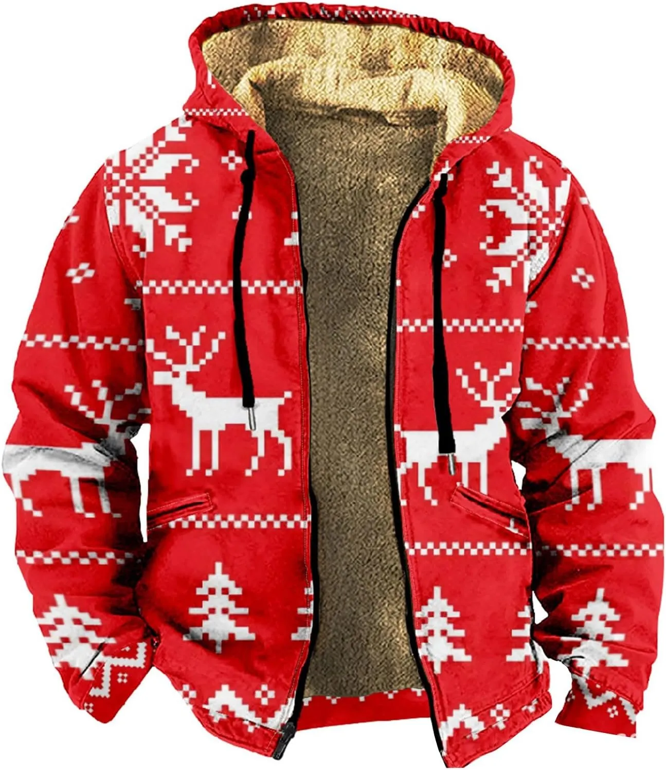 Christmas Hoodies for Men Heavyweight Sherpa Fleece Lined Reindeer Sweatshirts Oversized Full Zip Thick Winter Coats