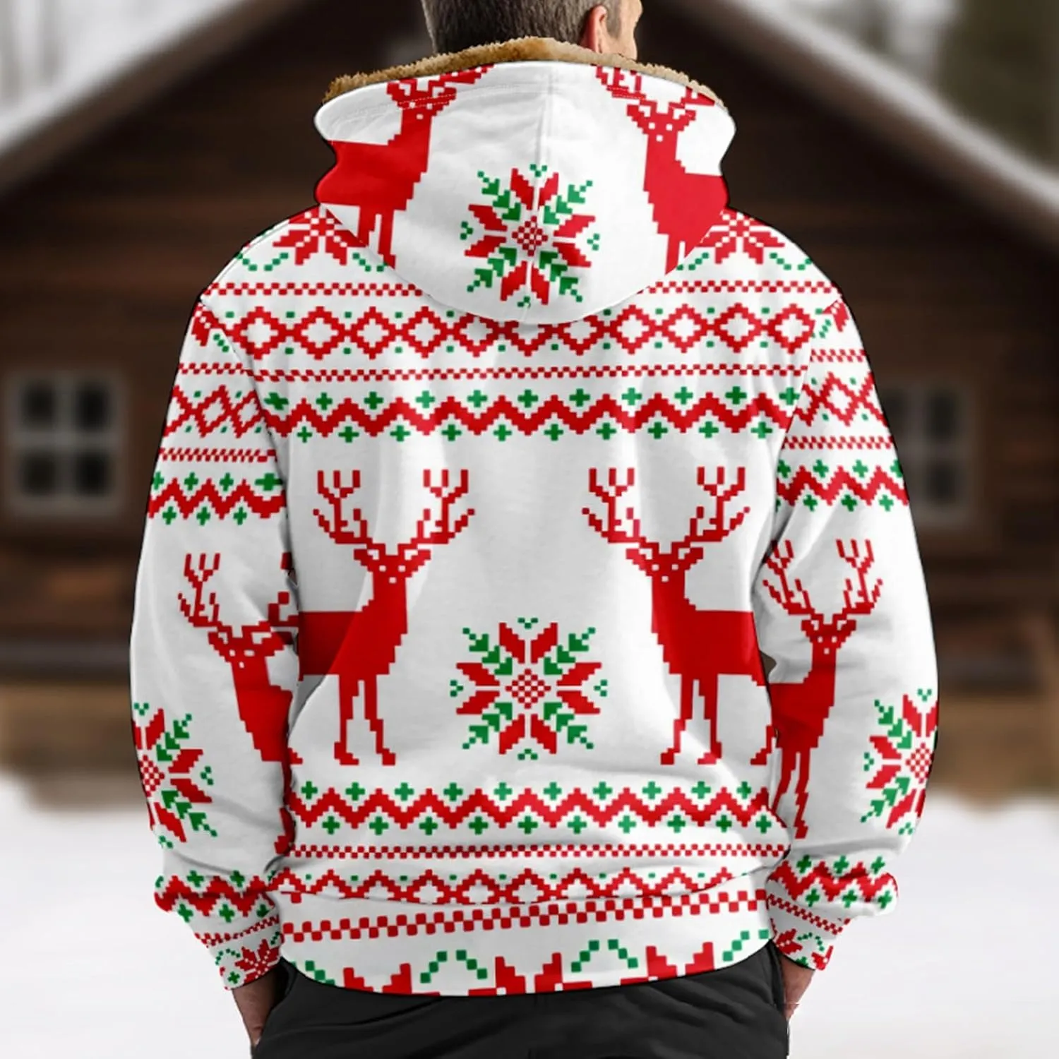 Christmas Hoodies for Men Heavyweight Sherpa Fleece Lined Reindeer Sweatshirts Oversized Full Zip Thick Winter Coats