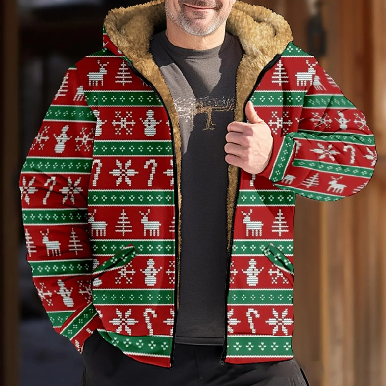 Christmas Hoodies for Men Heavyweight Sherpa Fleece Lined Reindeer Sweatshirts Oversized Full Zip Thick Winter Coats