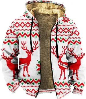 Christmas Hoodies for Men Heavyweight Sherpa Fleece Lined Reindeer Sweatshirts Oversized Full Zip Thick Winter Coats