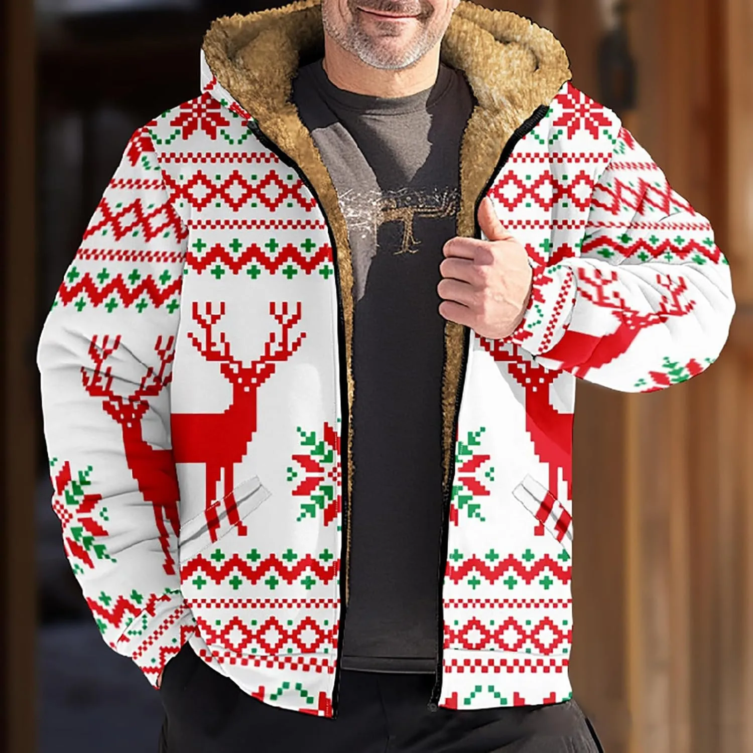 Christmas Hoodies for Men Heavyweight Sherpa Fleece Lined Reindeer Sweatshirts Oversized Full Zip Thick Winter Coats