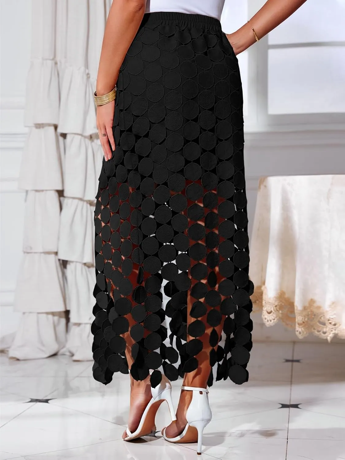 Cicy Bell Womens Hollow Out Maxi Skirts Summer High Waisted Boho Fringe Hem Long Skirt