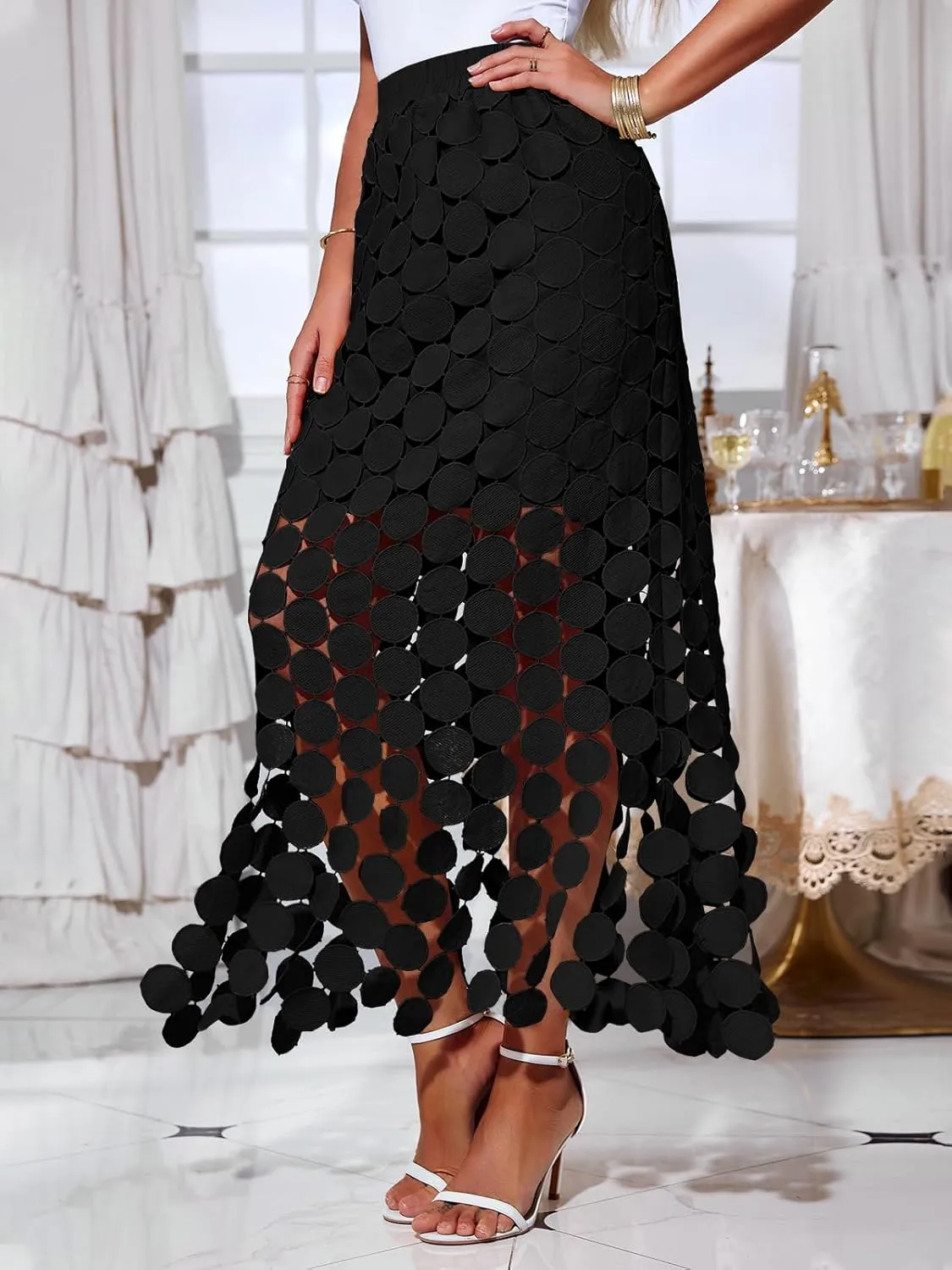 Cicy Bell Womens Hollow Out Maxi Skirts Summer High Waisted Boho Fringe Hem Long Skirt