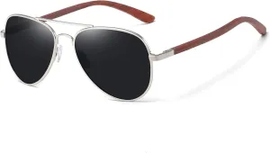 Classic Pilot Style Sunglasses with Metal Frame and Bamboo Wood Accents for Travel and Everyday Wear