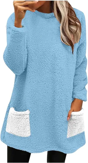 Color Block Long Sleeve Fleece CrewNeck Sweatshirt with Pockets for Women Reversible Lightweight Windbreaker Jackets