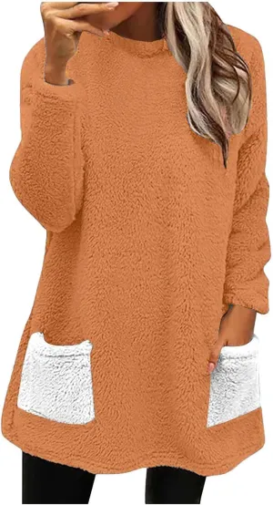 Color Block Long Sleeve Fleece CrewNeck Sweatshirt with Pockets for Women Reversible Lightweight Windbreaker Jackets