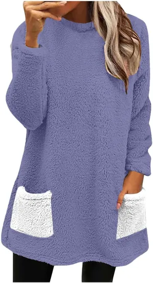 Color Block Long Sleeve Fleece CrewNeck Sweatshirt with Pockets for Women Reversible Lightweight Windbreaker Jackets