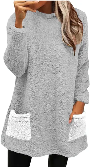Color Block Long Sleeve Fleece CrewNeck Sweatshirt with Pockets for Women Reversible Lightweight Windbreaker Jackets