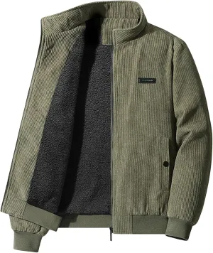 Corduroy Jackets for Men Full Zip Up Stand Collar Fleece Sherpa Lined Vintage Trucker Shackets Winter Coat with Pockets