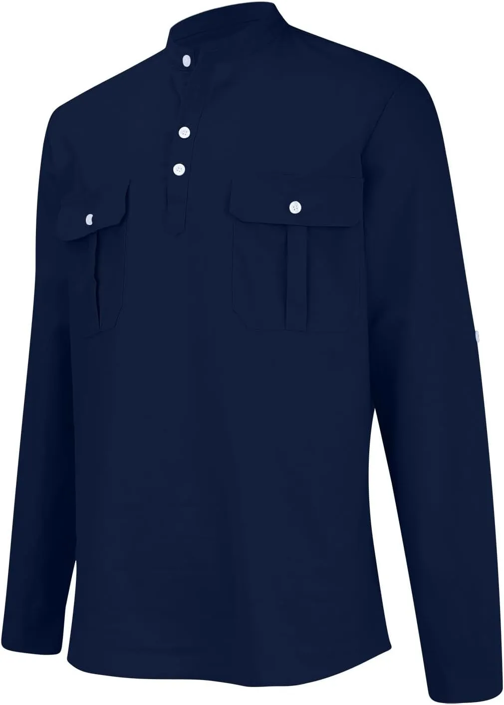 Cotton Linen Cargo Shirts Mens Long Sleeve Buttons V-Neck Henley Overshirt Lightweight Hiking Camping Fishing Shirts