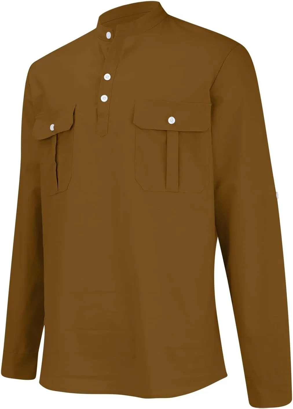 Cotton Linen Cargo Shirts Mens Long Sleeve Buttons V-Neck Henley Overshirt Lightweight Hiking Camping Fishing Shirts