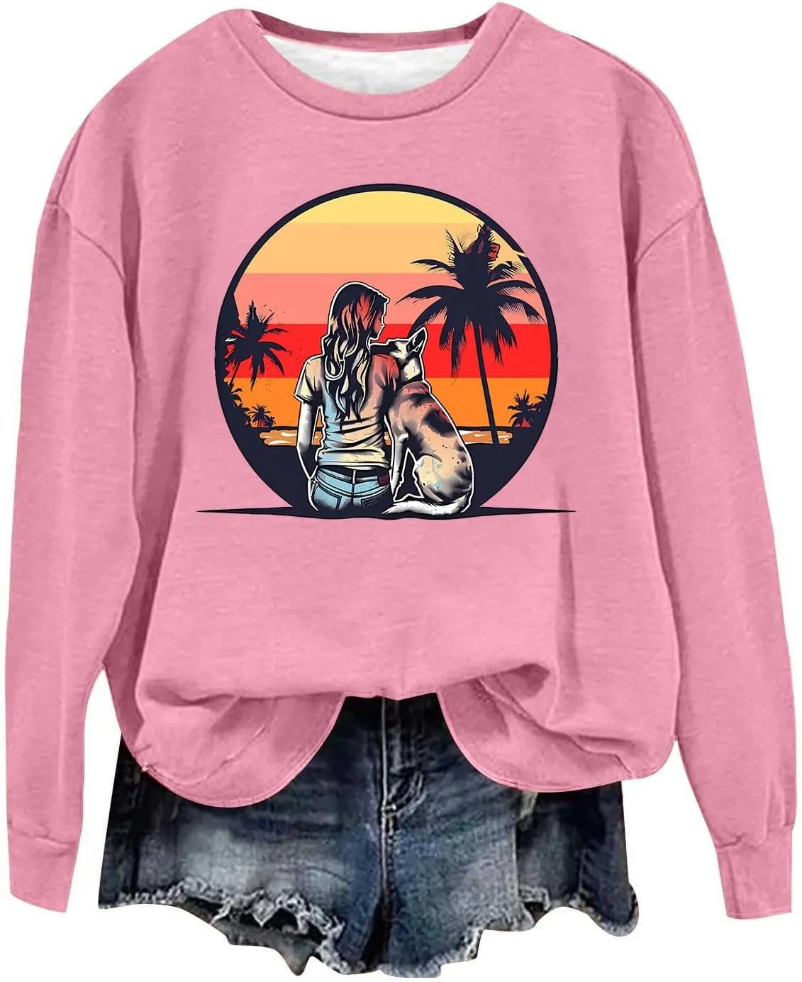 Crew Neck Sweatshirts Women Long Sleeve Casual Loose Fit Graphic Print Pullover Tops Fleece Lightweight Fashion Tops