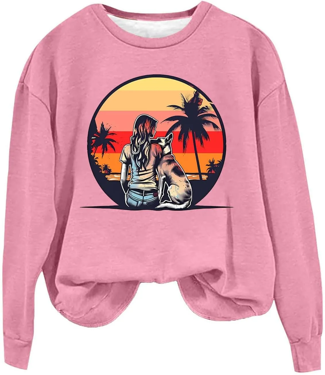 Crew Neck Sweatshirts Women Long Sleeve Casual Loose Fit Graphic Print Pullover Tops Fleece Lightweight Fashion Tops