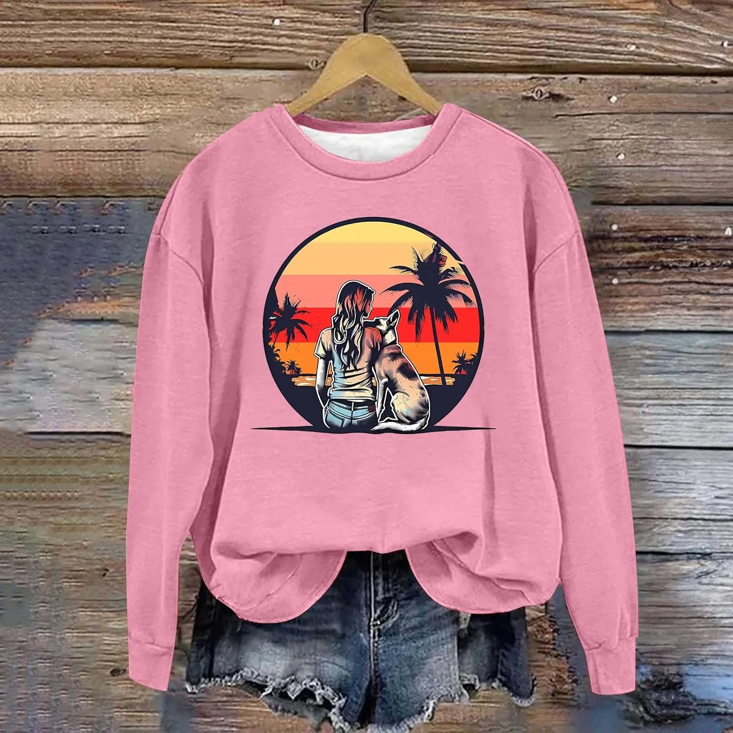 Crew Neck Sweatshirts Women Long Sleeve Casual Loose Fit Graphic Print Pullover Tops Fleece Lightweight Fashion Tops