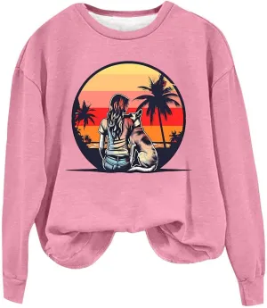 Crew Neck Sweatshirts Women Long Sleeve Casual Loose Fit Graphic Print Pullover Tops Fleece Lightweight Fashion Tops