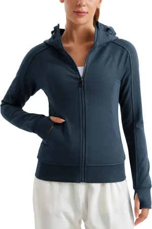 CRZ YOGA Womens Fleece Full Zip Hoodie Jackets Workout Hooded Zipper Basic Casual Sweatshirts with Thumb Holes