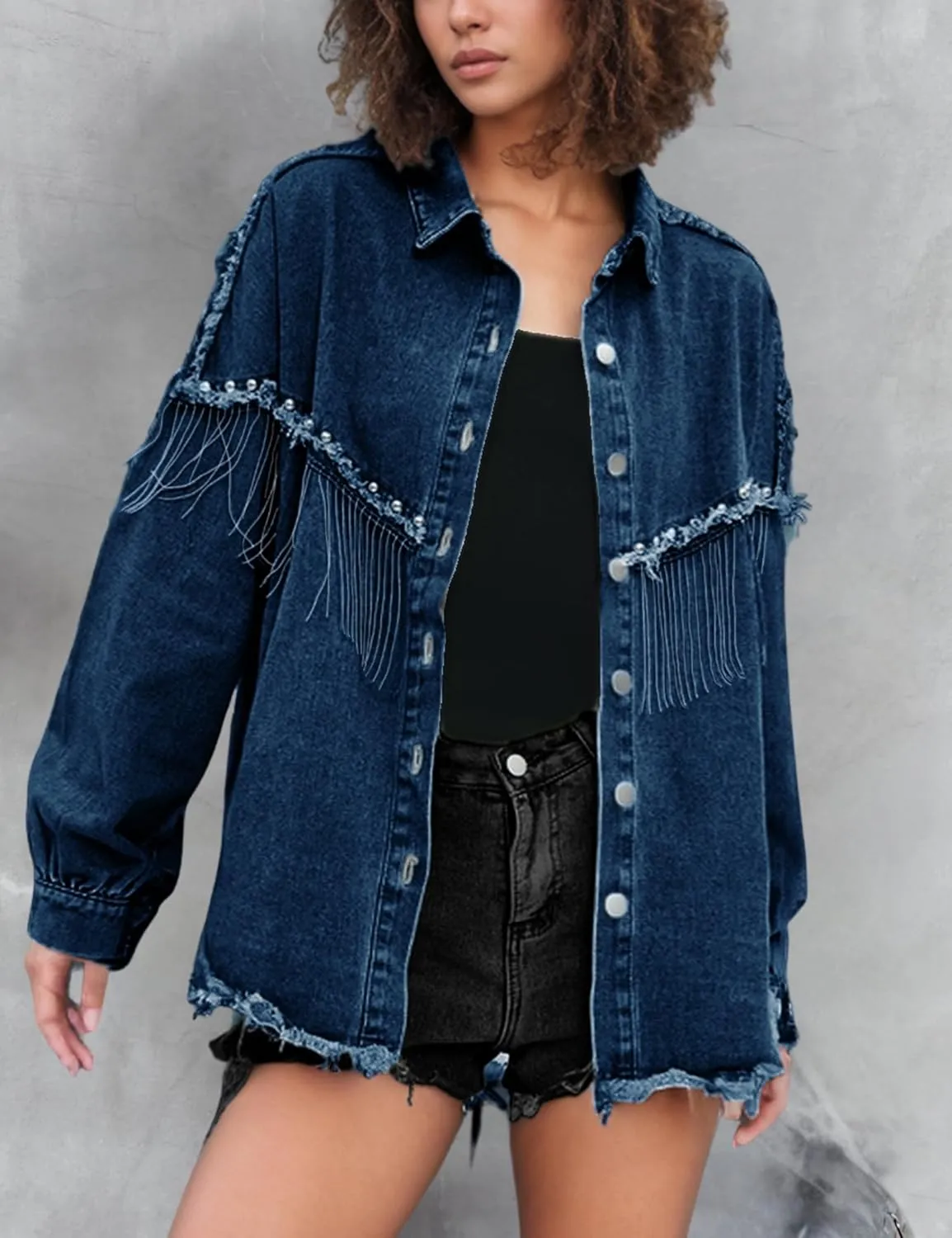 Daacee Oversized Fringe Denim Jacket for Women Frayed Sparkly Tassel Jean Shacket Cowgirl Western Country Concert Outfits
