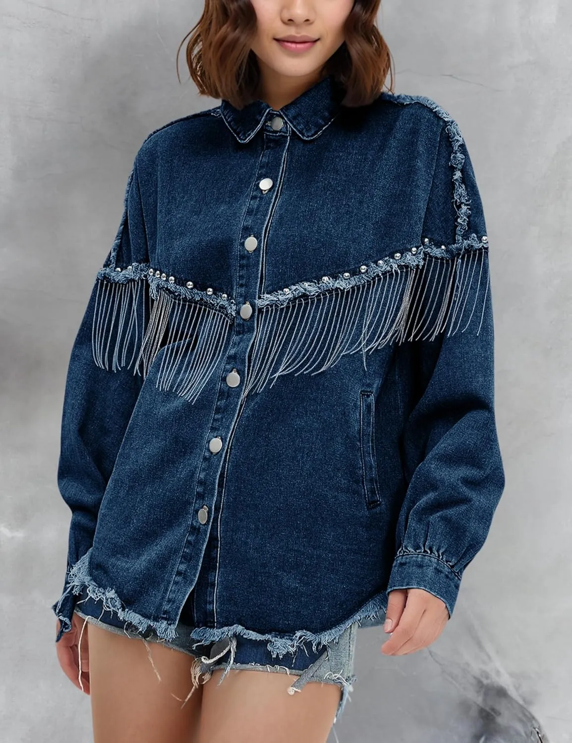 Daacee Oversized Fringe Denim Jacket for Women Frayed Sparkly Tassel Jean Shacket Cowgirl Western Country Concert Outfits