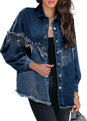 Daacee Oversized Fringe Denim Jacket for Women Frayed Sparkly Tassel Jean Shacket Cowgirl Western Country Concert Outfits