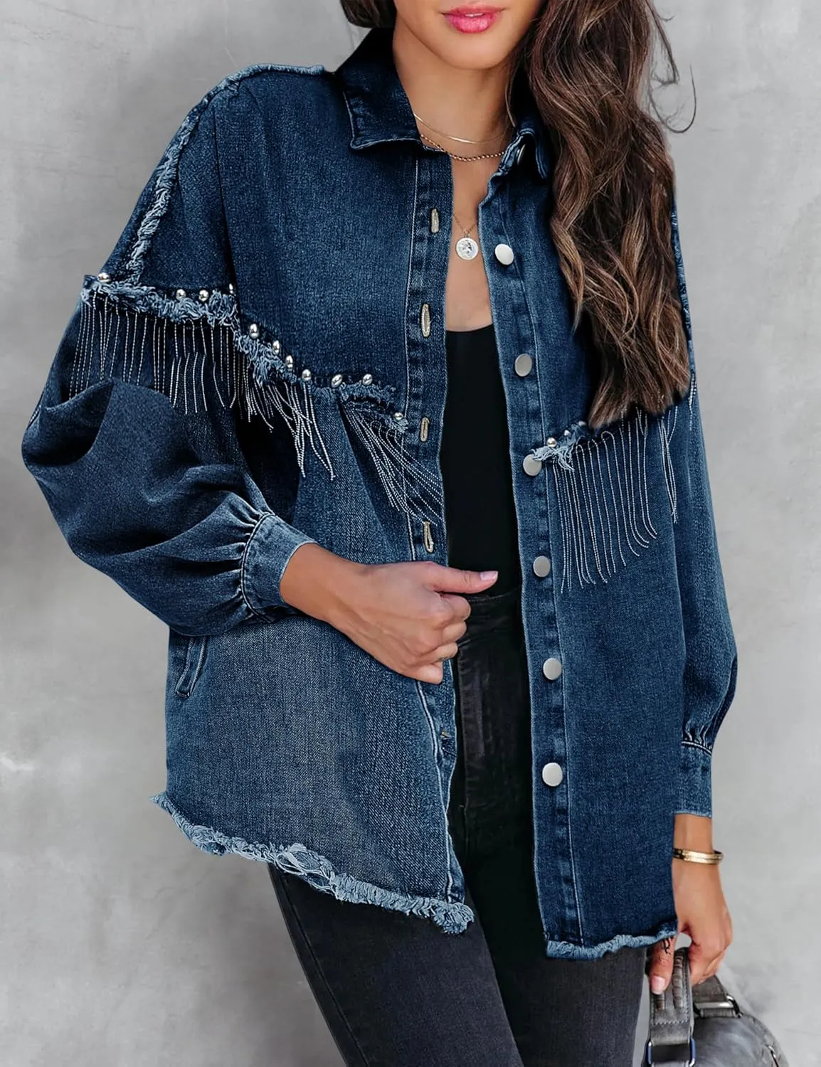 Daacee Oversized Fringe Denim Jacket for Women Frayed Sparkly Tassel Jean Shacket Cowgirl Western Country Concert Outfits