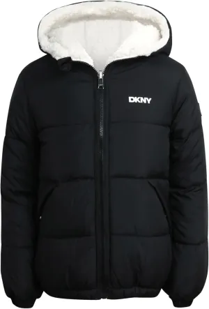 DKNY Girls' Reversible Puffer Jacket - Quilted Bubble to Sherpa Hooded Winter Coat - Warm Outerwear Jackets for Girls (7-16)