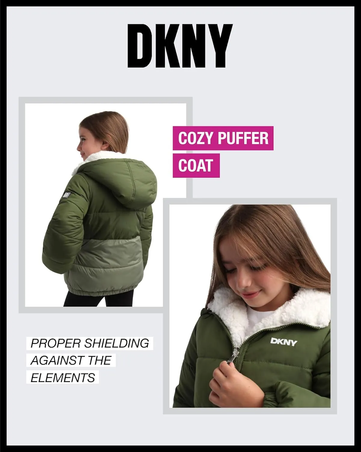 DKNY Girls' Reversible Puffer Jacket - Quilted Bubble to Sherpa Hooded Winter Coat - Warm Outerwear Jackets for Girls (7-16)