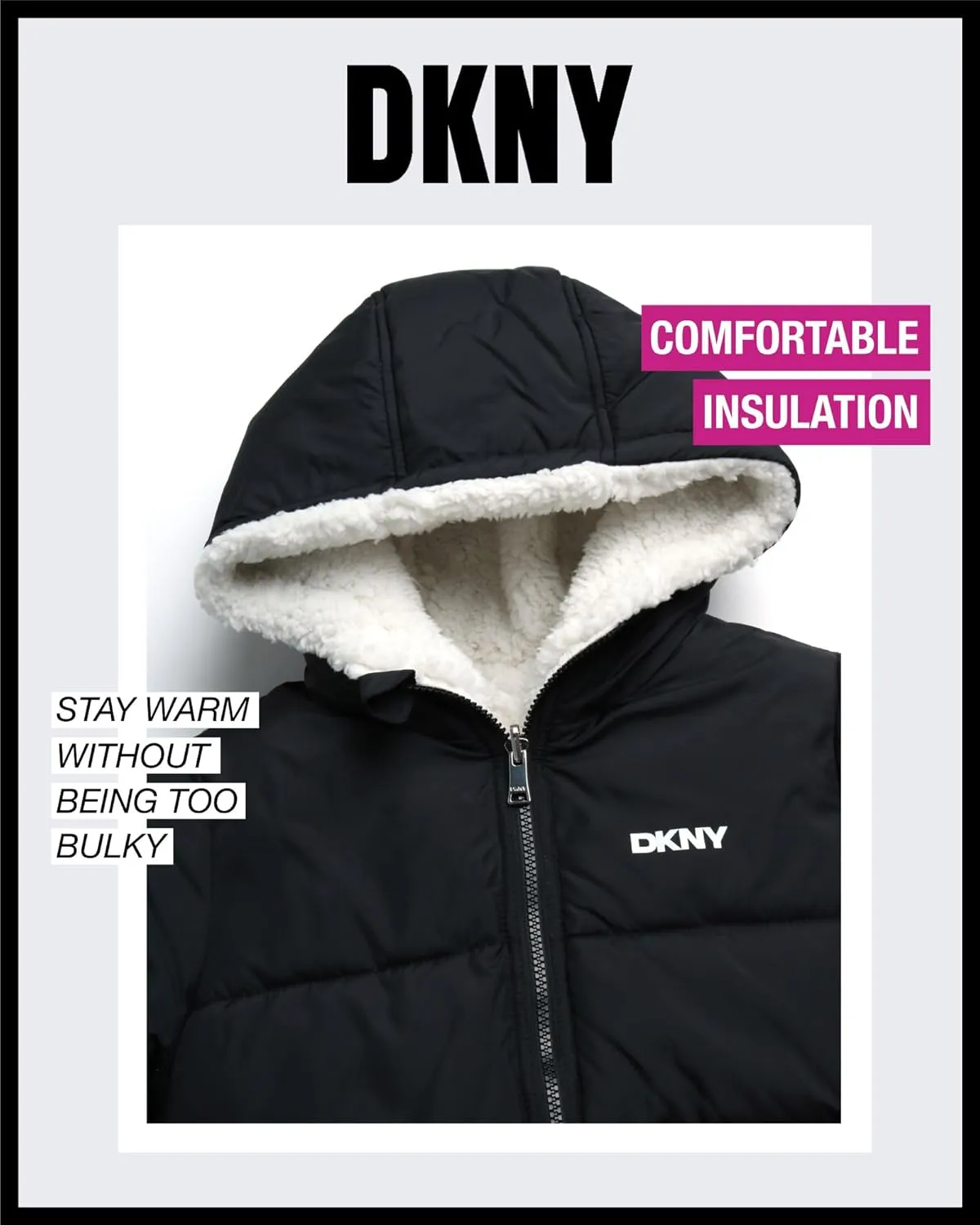 DKNY Girls' Reversible Puffer Jacket - Quilted Bubble to Sherpa Hooded Winter Coat - Warm Outerwear Jackets for Girls (7-16)