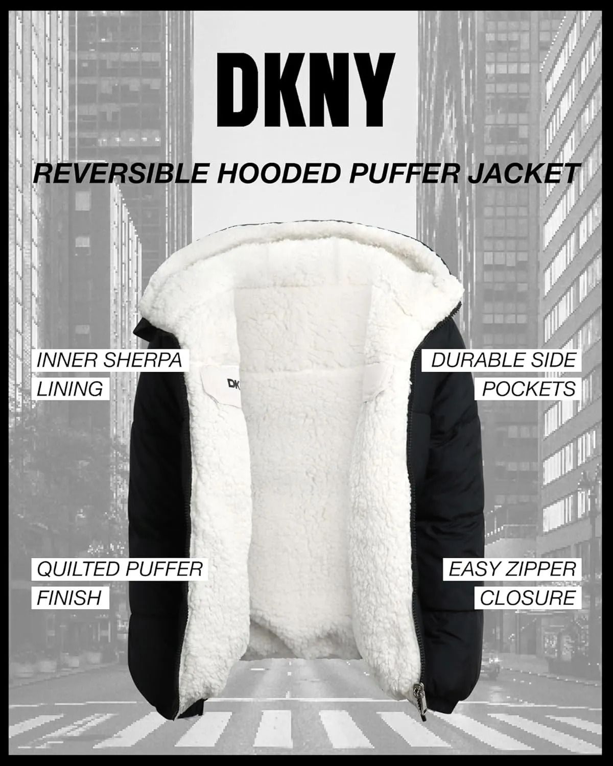 DKNY Girls' Reversible Puffer Jacket - Quilted Bubble to Sherpa Hooded Winter Coat - Warm Outerwear Jackets for Girls (7-16)