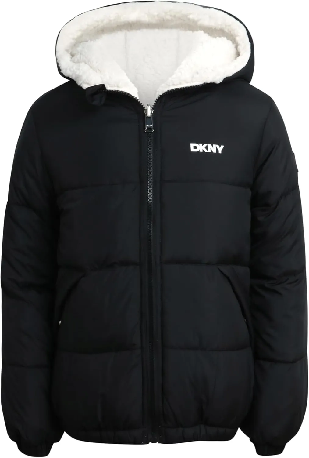 DKNY Girls' Reversible Puffer Jacket - Quilted Bubble to Sherpa Hooded Winter Coat - Warm Outerwear Jackets for Girls (7-16)