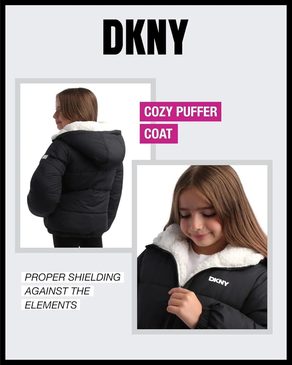 DKNY Girls' Reversible Puffer Jacket - Quilted Bubble to Sherpa Hooded Winter Coat - Warm Outerwear Jackets for Girls (7-16)