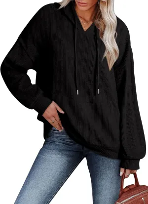 Dokotoo Hoodies for Women Casual Long Sleeve Textured Knit Loose Drawstring Hooded Sweatshirt with Pocket