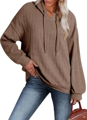 Dokotoo Hoodies for Women Casual Long Sleeve Textured Knit Loose Drawstring Hooded Sweatshirt with Pocket