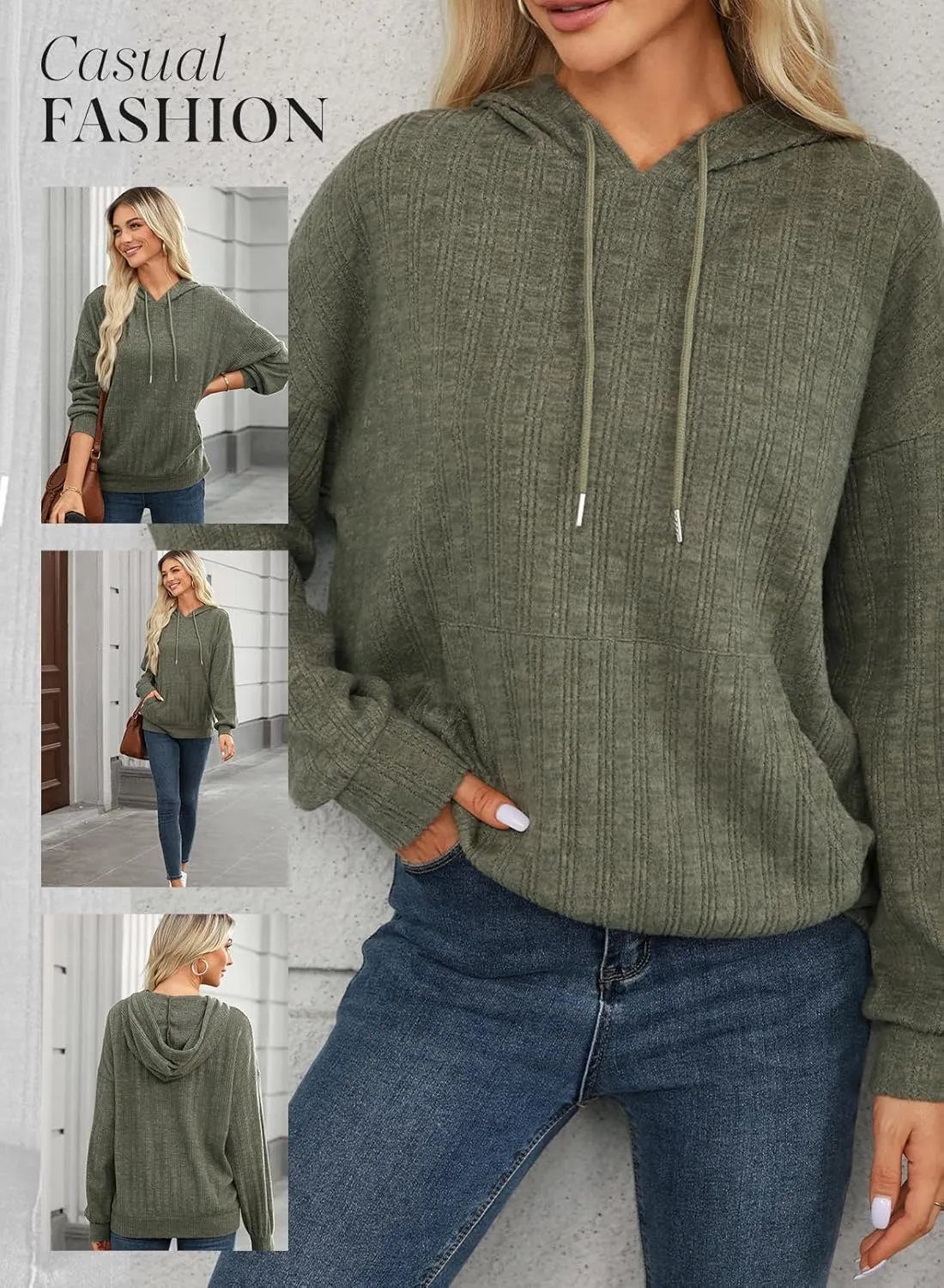 Dokotoo Hoodies for Women Casual Long Sleeve Textured Knit Loose Drawstring Hooded Sweatshirt with Pocket