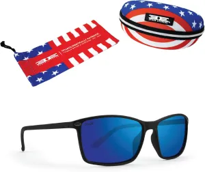 Epoch Eyewear 11 Sport Cycle Sunglasses w/American Flag Case and Microfiber Pouch Black Frame with Polarized Blue Mirror Lens