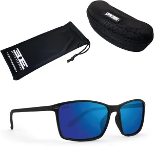 Epoch Eyewear 11 Sport Cycle Sunglasses w/Black Zipper Case and Microfiber Pouch Black Frame Polarized Blue Mirror Lens
