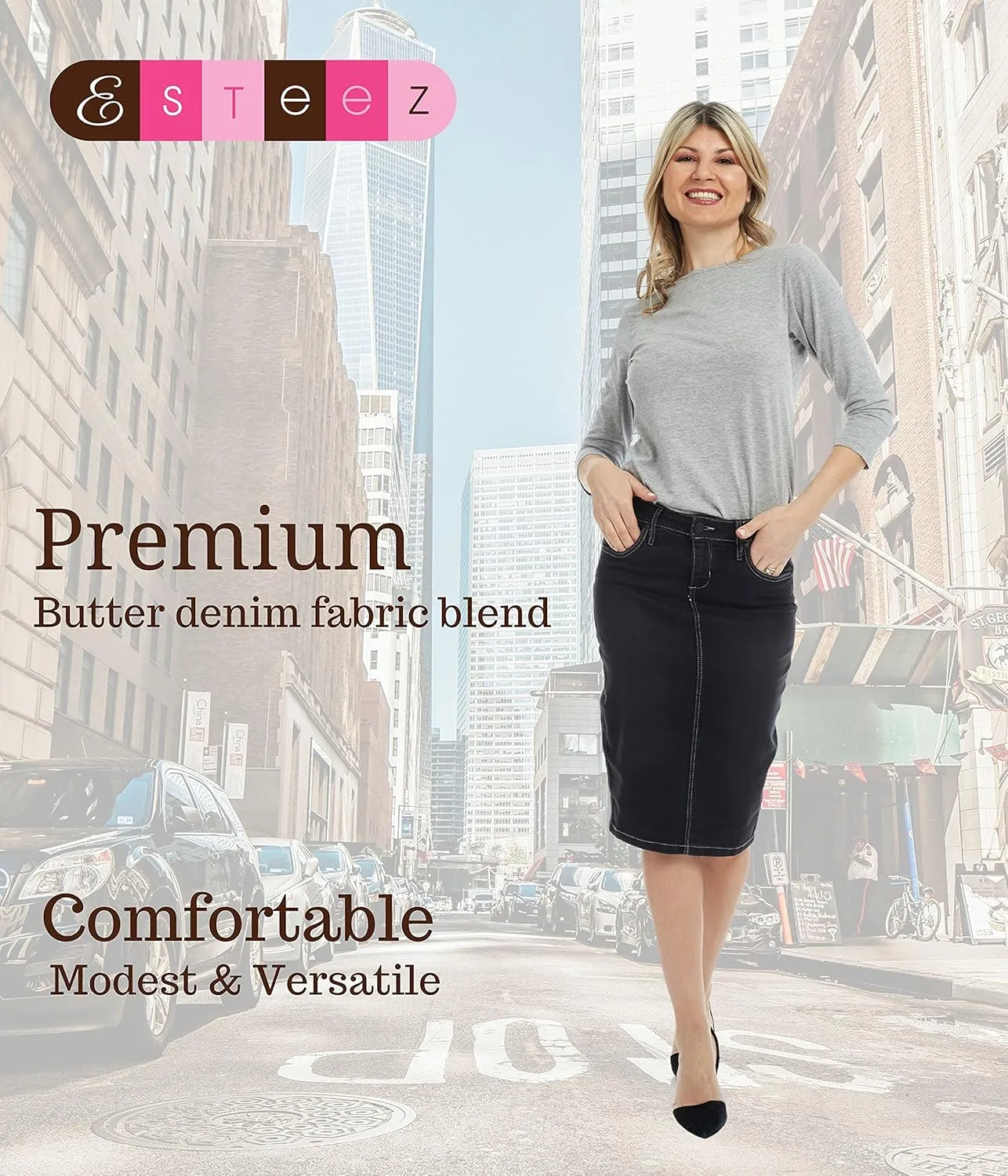 ESTEEZ Women's Slimming Denim Pencil Skirt with Tummy Control Panel – 'Miami'