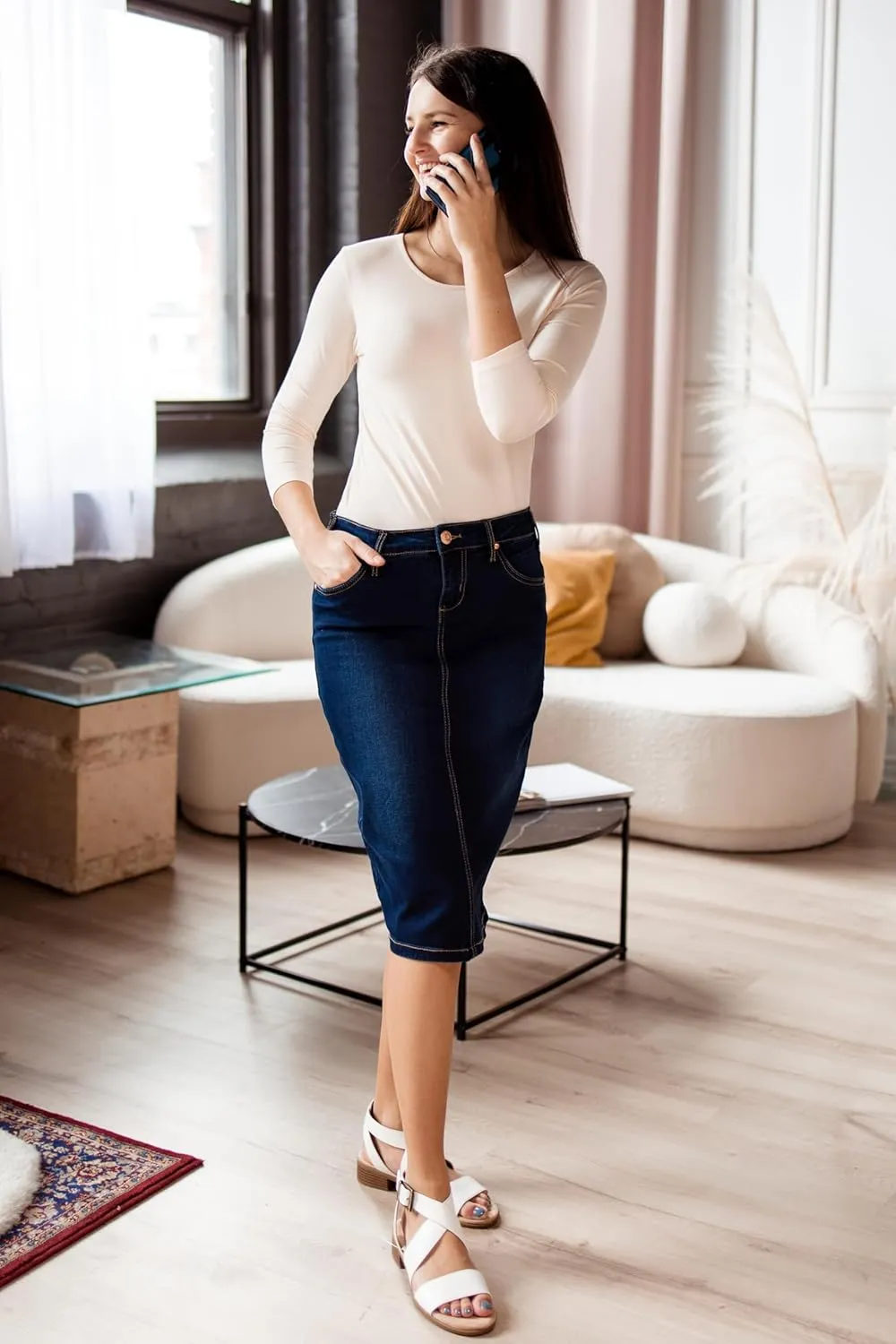 ESTEEZ Women's Slimming Denim Pencil Skirt with Tummy Control Panel – 'Miami'