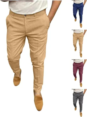 Fashion Stretch Dress Mens Casual Pants Slim Fit Skinny Business Suit Pants Straight Leg Lightweight Golf Trousers