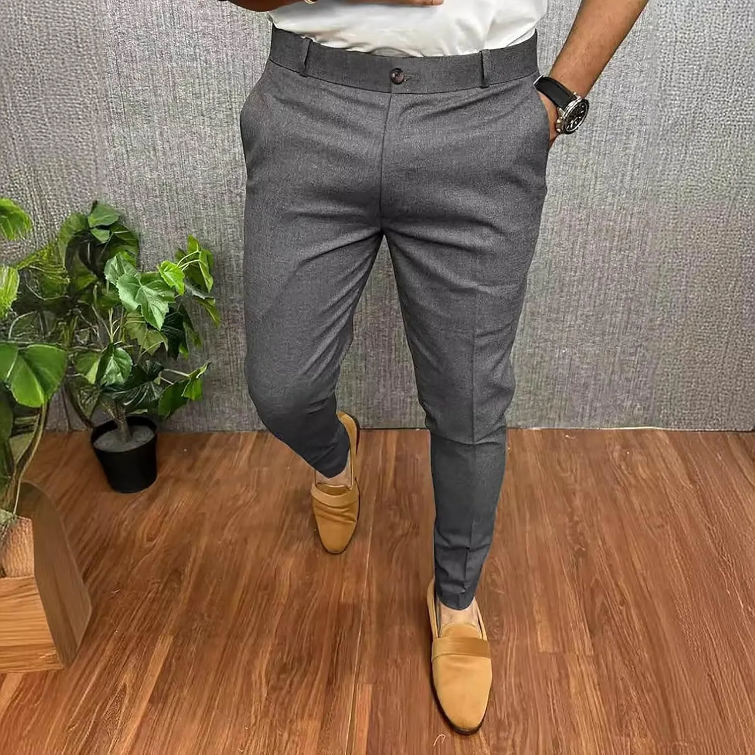 Fashion Stretch Dress Mens Casual Pants Slim Fit Skinny Business Suit Pants Straight Leg Lightweight Golf Trousers