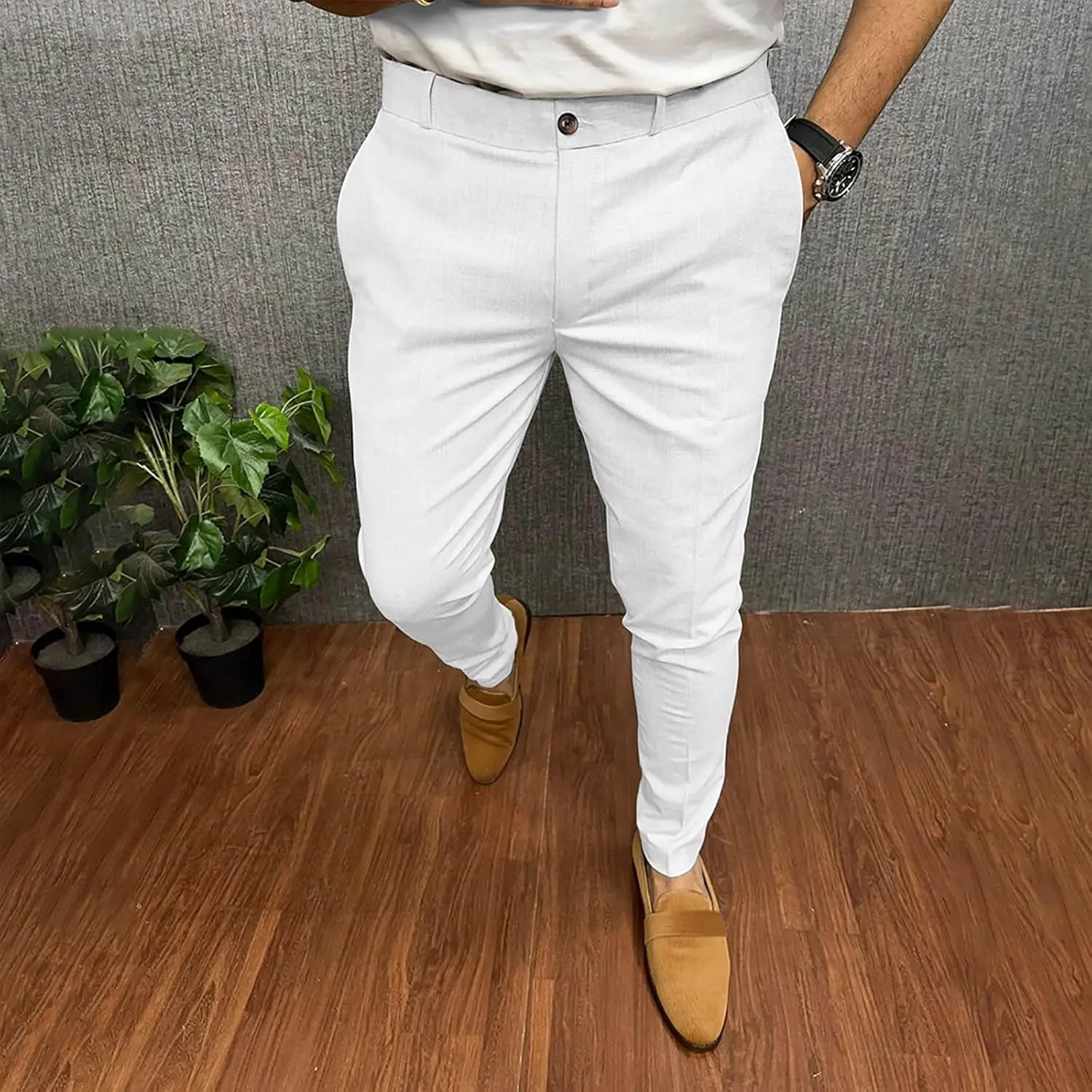 Fashion Stretch Dress Mens Casual Pants Slim Fit Skinny Business Suit Pants Straight Leg Lightweight Golf Trousers