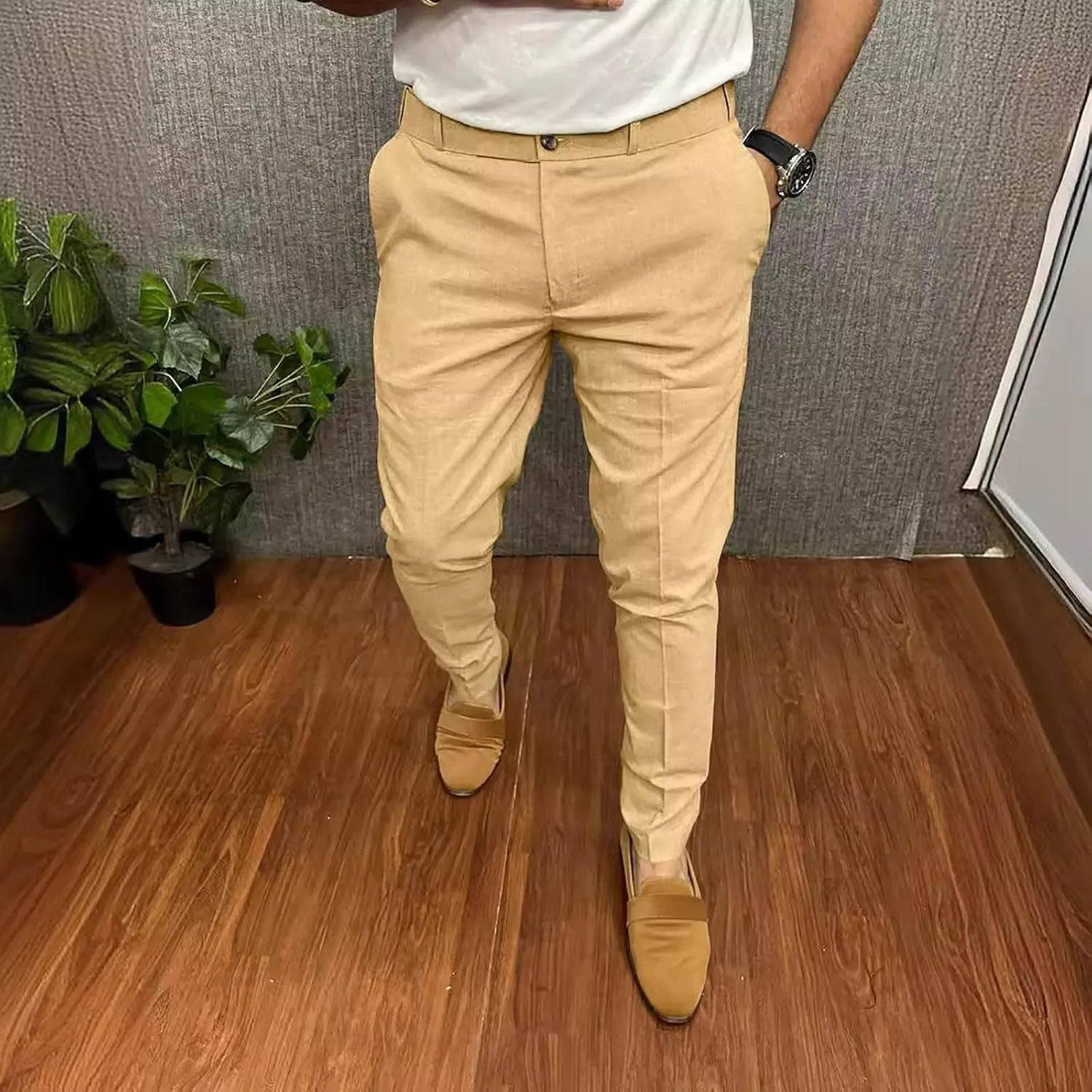 Fashion Stretch Dress Mens Casual Pants Slim Fit Skinny Business Suit Pants Straight Leg Lightweight Golf Trousers