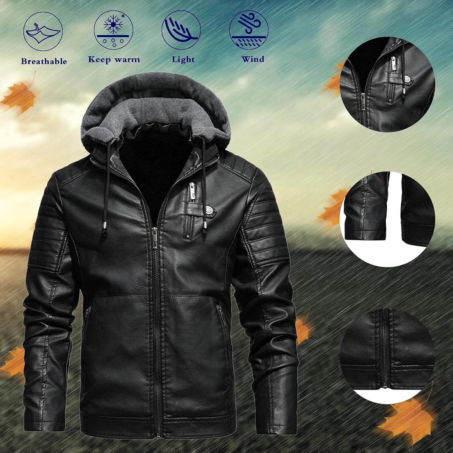 Faux Leather Hooded Motorcycle Jackets for Men Sherpa Lined Bomber Jackets with Zipper Pockets Vintage Biker Jackets