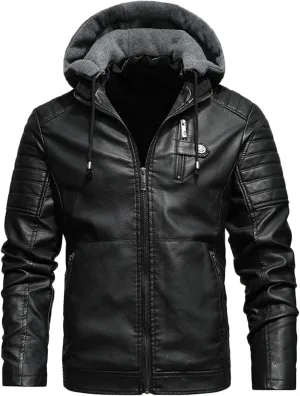 Faux Leather Hooded Motorcycle Jackets for Men Sherpa Lined Bomber Jackets with Zipper Pockets Vintage Biker Jackets